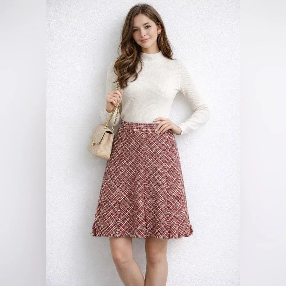 WDNY Tweed Red and White skirt with pink silk lining size 14